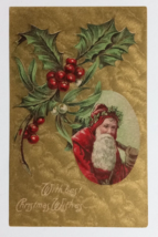 With Best Christmas Wishes Santa Portrait Mistletoe Textured Gold Postcard c1910 - £11.98 GBP