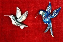 2 Silver Tone Blue Green Enamel Rhinestone Hummingbird Brooch Pin Liz Claiborne - £23.69 GBP