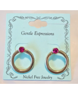 Gentle Expressions Stud Back Earrings Silver Tone Hoops W Pink Rhinestones - $262.36 MXN