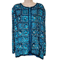 Galleria 100% Silk Sequin Top Jacket Sz 16 Blue Silver Zipper Front Long Sleeve - £57.07 GBP
