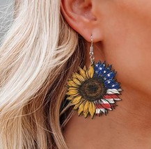 NEW Patriotic Sunflower Dangle Earrings USA American Flag 2&quot; - £9.54 GBP