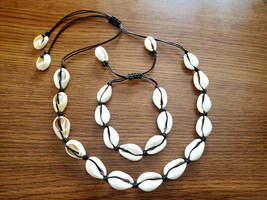 2 Pcs Cowrie Shell Waxed Cord Bead Choker And Bracelet Set. Brown Cord - $14.99
