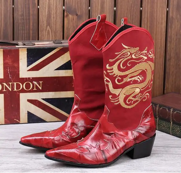Christia Bella  Embroidery Men Mid Calf Boots Winter Real Leather Western boy Bo - £283.19 GBP