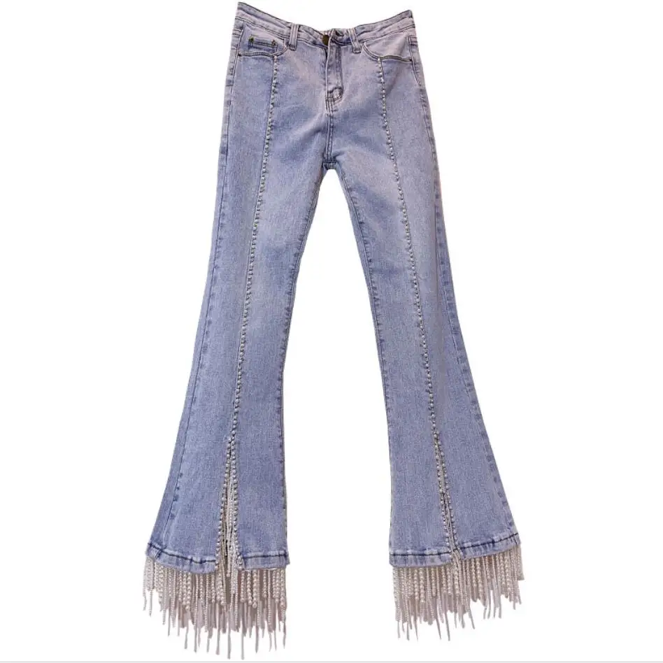 Jeans Women Fashion high waist High Quality  beading Tel boy Denim Pants flare j - £152.85 GBP