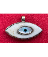 Tantric Buddhist Mother Of Pearl Evil Eye In Embossed Silver Pendant - $33.00