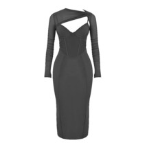 Women corset bandage dress sexy hollow out patchwork mesh long sleeve celebrity evening thumb200