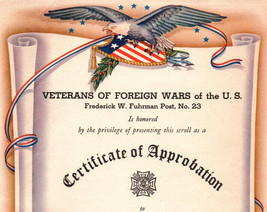 WWII Lebanon Pennsylvania Veterans Of Foreign Wars Patriotic Certificate - £10.74 GBP