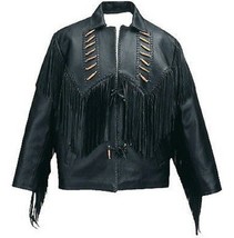 Western Style Bone Beads Genuine Cowhide Leather Handmade Black Fringes Jacket - £146.46 GBP