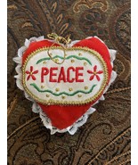 Vintage Mini Pillow Red Velvet Gold " Peace" Christmas Heart Shaped Ornament