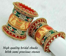 Rajwadi Wedding Dulhan Set Kundan Chura Bridal Bangle Red Green Acrylic Plastic - £182.81 GBP