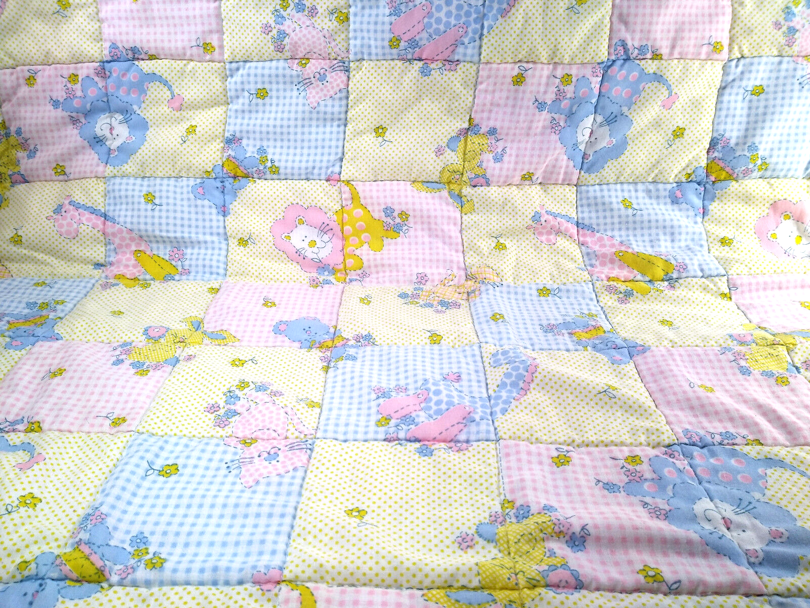 Primary image for Charming 1970's Pastel Gingham & Polka Dot Animal Graphic Baby Quilt 43x46