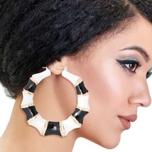 Black and White Bamboo Door Knocker Earrings Round Hoop Large Trendy Jewelry - £23.74 GBP