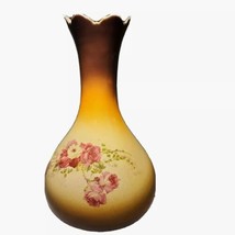Antique Bud Vase Scalloped Rim Roses Yellow Brown Multi Crazed Bavaria Old World - £17.73 GBP