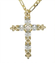 Womens Iced Cross CZ Pendant 20&quot; Figaro Necklace 14k Gold Plated Jewelry - £8.81 GBP