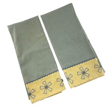 Tea Towels Vintage Windmill Pinwheel Gingham Yellow Green Embroidered Se... - £18.91 GBP