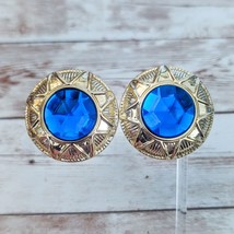 Vintage Clip On Earrings Extra Large Statement Blue with Gold Tone Fancy - £12.78 GBP
