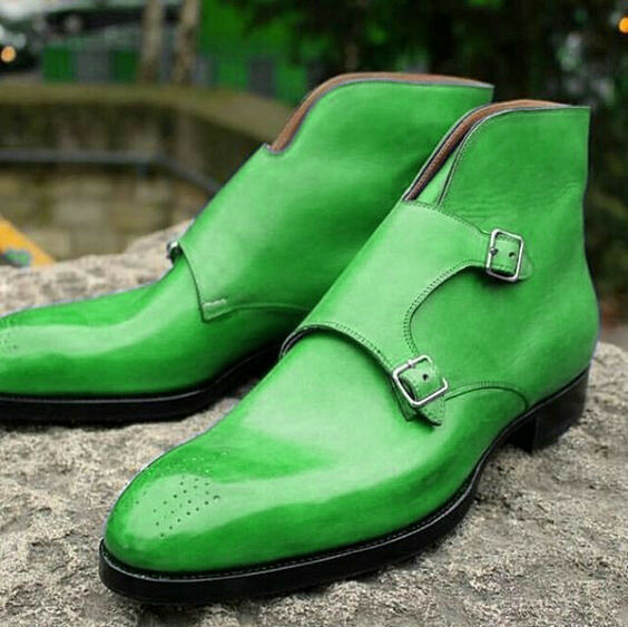 Men High Ankle Green Double Buckle Strap Brogues Toe Monk Leather Boots US 7-16