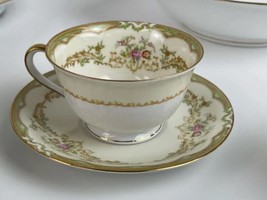 Vintage Noritake Mystery (?) Japan Cup and Saucer Green Gold Rim Floral - $23.74