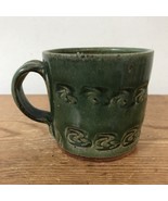 Vtg Handmade Stoneware Green Glossy Patterned Art Studio Pottery Coffee ... - £21.25 GBP