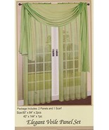 3 Piece Sage Sheer Voile Curtain Panel Set: 2 Sage Panels and 1 Scarf - £15.57 GBP