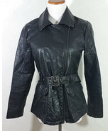 Attention Womens Jacket Small Black Moto Belted Faux Leather Pockets Lon... - £19.91 GBP