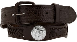 Brown Concho Tooled Western Dress Belt Real Leather Cowboy Removable Buckle - £17.57 GBP