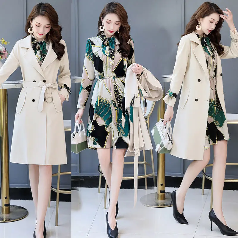  South Korea Autumn New Trench Coat Long Sleeve Printed Dress Elegant  Medium Lo - £129.19 GBP