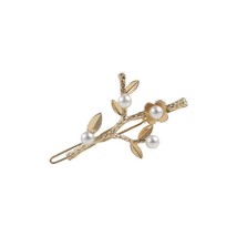 Gold pearl flower branches and leaves hair pin barrette bridal clip - £7.04 GBP