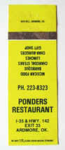 Ponders Restaurant - Ardmore, Oklahoma 20 Strike Matchbook Cover OK Matchcover - $1.50