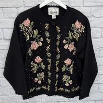 Vintage Jacque Koko Floral Embroidered Beaded Black Cardigan Sweater Siz... - £52.63 GBP