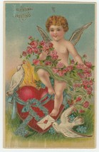 Vintage Postcard Valentine Cherub Doves Red Heart Flowers 1908 - £7.78 GBP