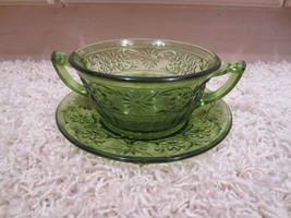 VINTAGE ANTIQUE GREEN DEPRESSION GLASS - SMALL SERVING BOWL AND SAUCER - $12.86