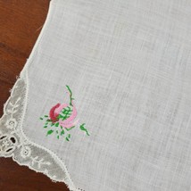 Vintage Handkerchief Embroidery Pink Green Floral w/ Lace Approx 10x10 Inch - $9.95