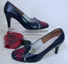 Vintage 60s Puccini Heels 6M Embroidered Red White Navy Blue Scallop Detail - £31.96 GBP