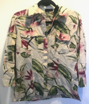 DKNY Women’s Floral Hibiscus blouse Long Sleeve Button Pocket Shirt Size - £8.11 GBP