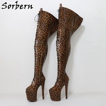 Customized Wide Leopard Boots Unisex Mid Thigh High Open Toe Pole Dance Stripper - £322.17 GBP