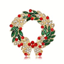 Gold Rhinestones Christmas Wreath Brooch Pin Bells BEST SELLER - £10.90 GBP