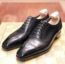 New Handmade Men&#39;s Black Brogue Leather Oxford Chiseled Square Toe Dress Shoes - £101.98 GBP+