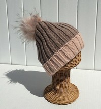 Women&#39;s Two-Tone Khaki / peach Rib Knitted Ski Beanie Hat with FAUX FUR ... - £10.26 GBP