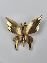 Pell Butterfly Pin Brooch Gold Tone Ruby Red Eyes Clear Rhinestone Body - £11.86 GBP