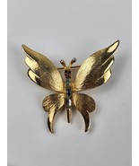 Pell Butterfly Pin Brooch Gold Tone Ruby Red Eyes Clear Rhinestone Body - £11.63 GBP