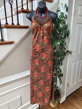 Women&#39;s Brown Beaded Halter Floral Polyester Sleeveless Long Maxi Dress Size M - £23.56 GBP