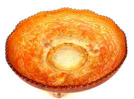 Marigold Carnival Glass Footed Candy Dish Bowl Floral Design Intricate Ruffled - $79.19