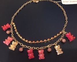 Betsey Johnson Lucite Gummy Pink Bears Fireballs Rhinestone Necklace - £33.05 GBP