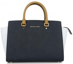 Michael Kors Selma Large Navy Blue White Tan Saffiano Leather Satchel Bagnwt - £181.77 GBP