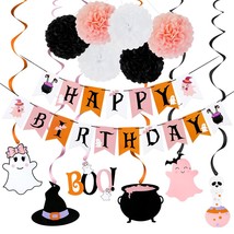 Pink And Black Halloween Happy Birthday Banner And Halloween Birthday Hanging Sw - £27.59 GBP