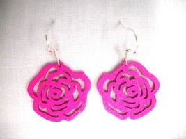 Open Rose Flower Cut Out Fuschia Pink Wooden Charm Dangling Pair of Earrings - £3.15 GBP