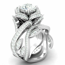 Lotus Engagement Wedding Ring Set 3.55Ct Round Cut Diamond 14K White Gold Size 9 - £267.82 GBP