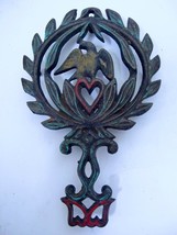 Antique Cast Iron Trivet Eagle Laurel Wreath Heart Design Old Paint Gree... - $14.99