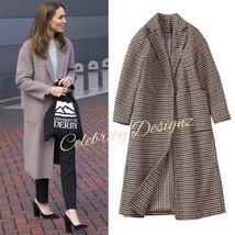 Kate Middleton Inspired Classic Beige Checkered Coat with Straight Cut a... - $129.99